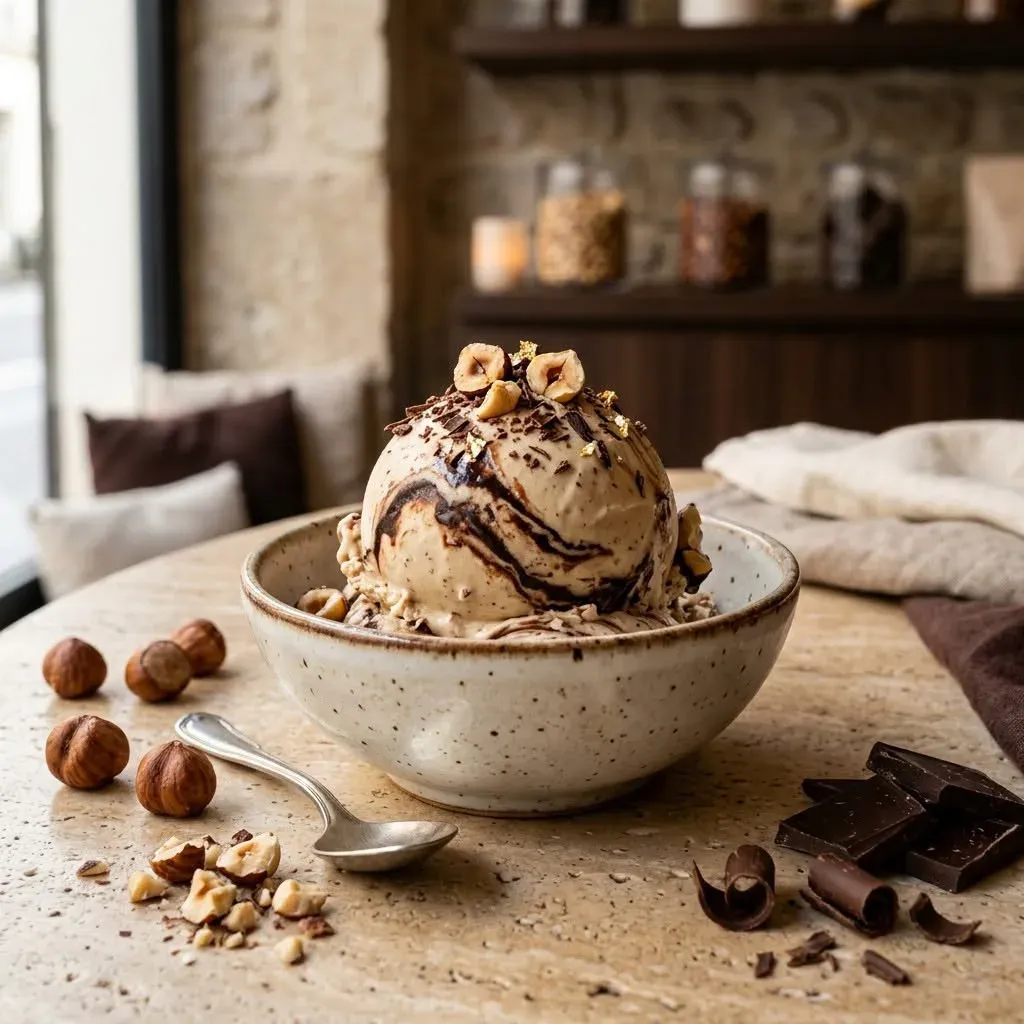 Glace marbré praliné avec éclats de chocolats - Glacier Shoups
